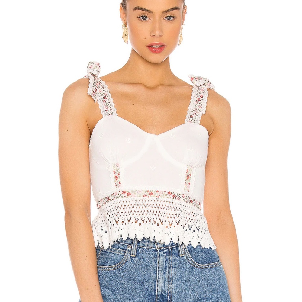 Tularosa Amara White Crocheted Eyelet Tank with Pink Ribbon Floral Trim